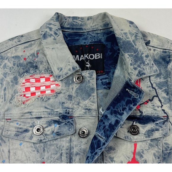 Makobi Men Small Denim Jean Jacket Acid Wash Light Blue Painted Distressed M1052 - Picture 6 of 11